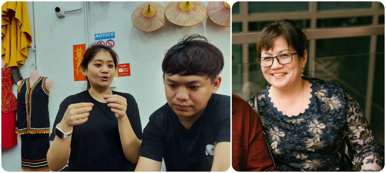 Proprietors of Borneo Traditional Shop Tracy Chin (left) and Francis Goh are deluged by popular sales at their outlet in Serian. Designer Yun Liew (right) directs a team of tailors to sew the costumes and create their accompanying accessories. – Pics by Marilyn Madrod