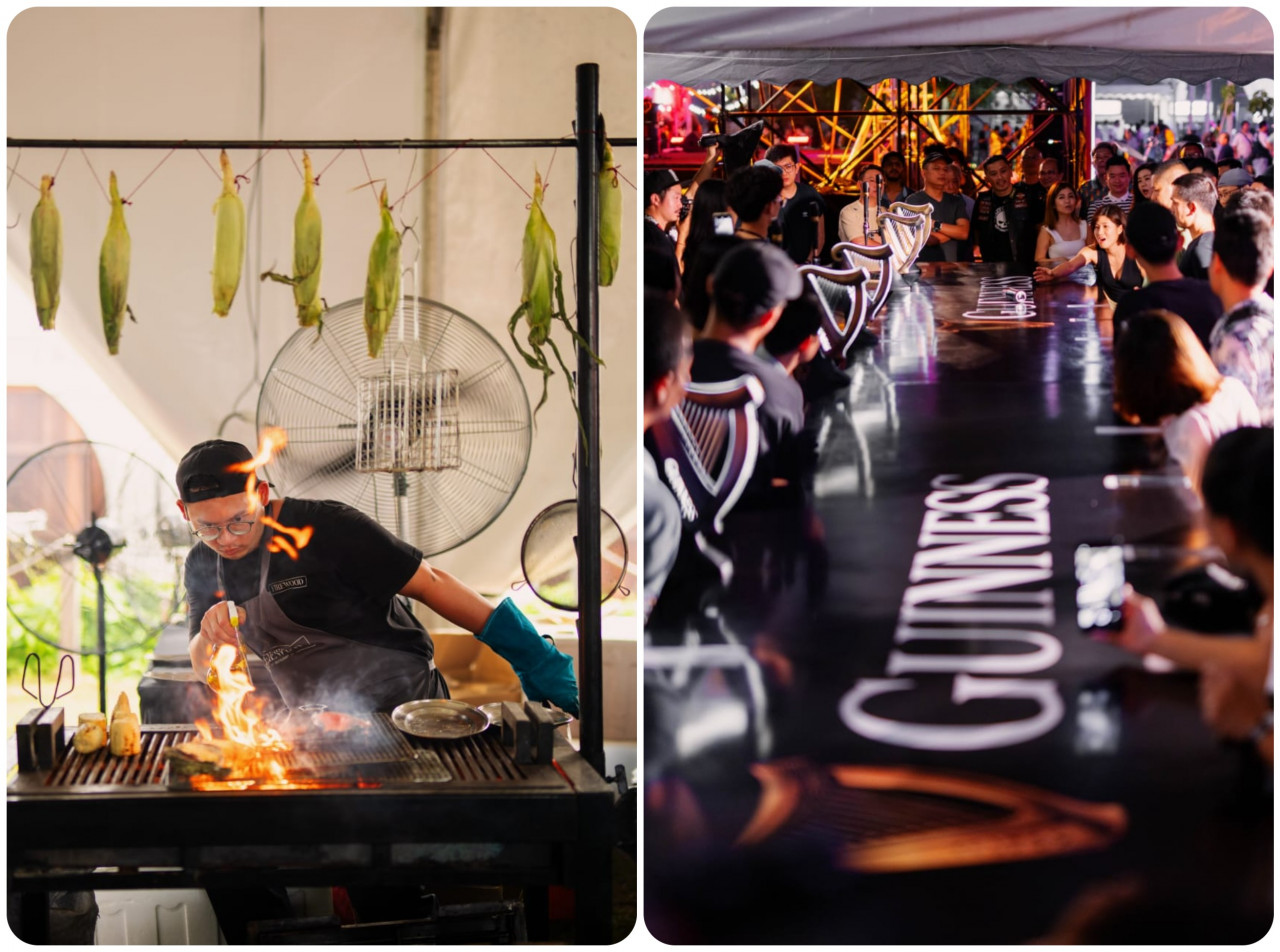 A chef hard at work (left) and the long Guinness bar. – Pic courtesy of Sambal Lab Sdn Bhd