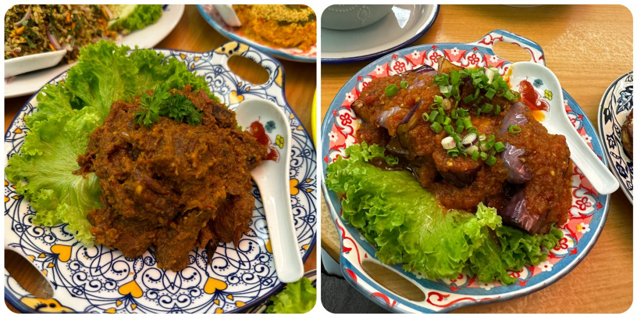 A closer look at the Nyonya Beef Rendang (left) and the brinjal sambal. – Haikal Fernandez pic