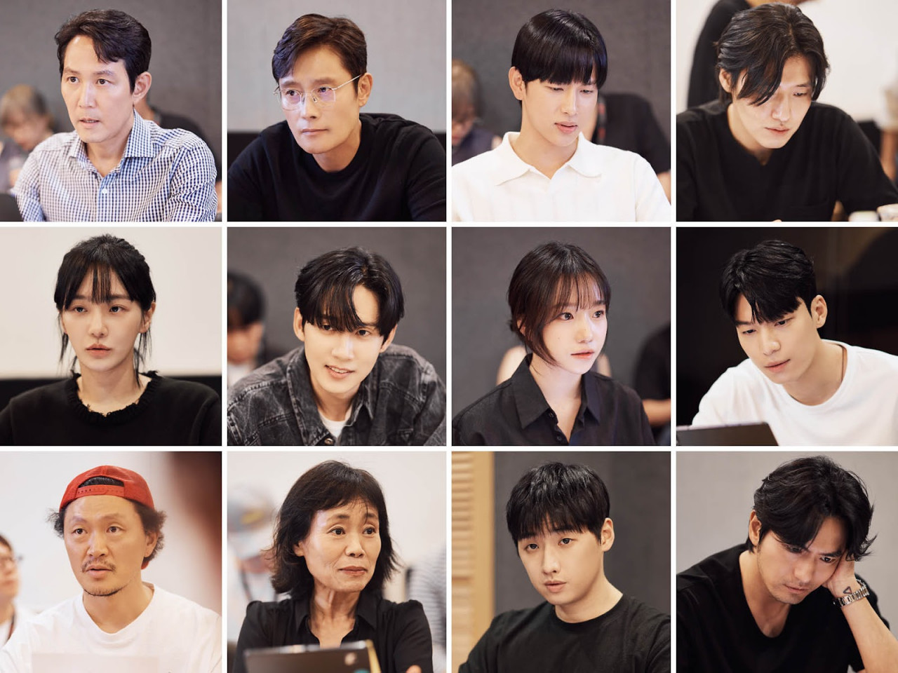 (First row from left) Lee Jung-Jae, Lee Byung-Hun, Yim Si-Wan and Kang Ha-Neul. (Second row from left) Park Gyu-Young, Park Sung-Hoon, Jo Yu-Ri and Wi Ha-Jun. (Third row from left) Yang Dong-Geun, Kang Ae-Sim, Lee David, Lee Jin-Uk and director Hwang Dong-Hyuk. – Netflix pic