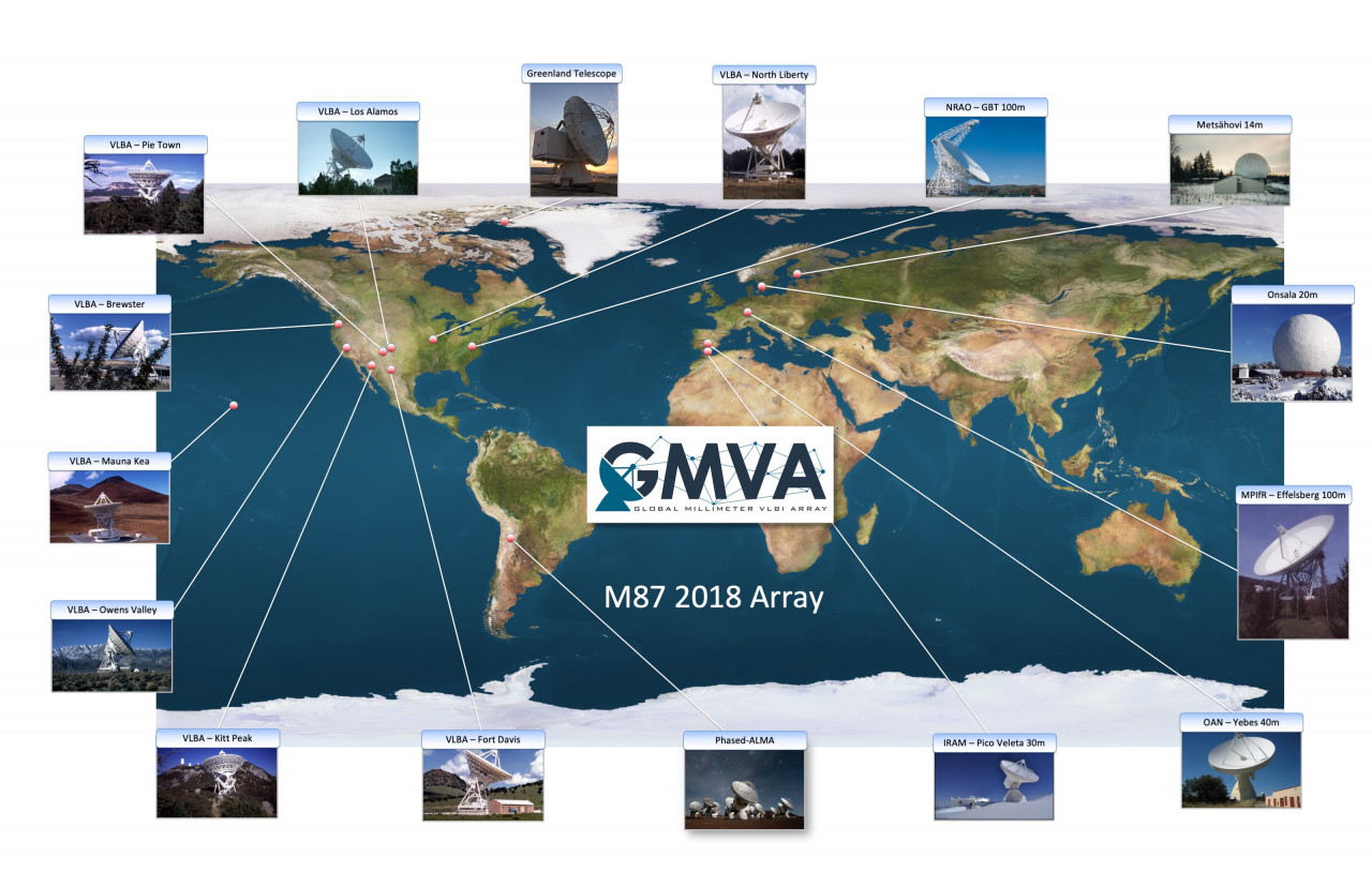 Map of the radio telescopes used to image Messier 87 at 3.5 millimetres in the 2018 Global Millimetre VLBI Array (GMVA) campaign. – Pic courtesy of Helge Rottmann/MPIfR