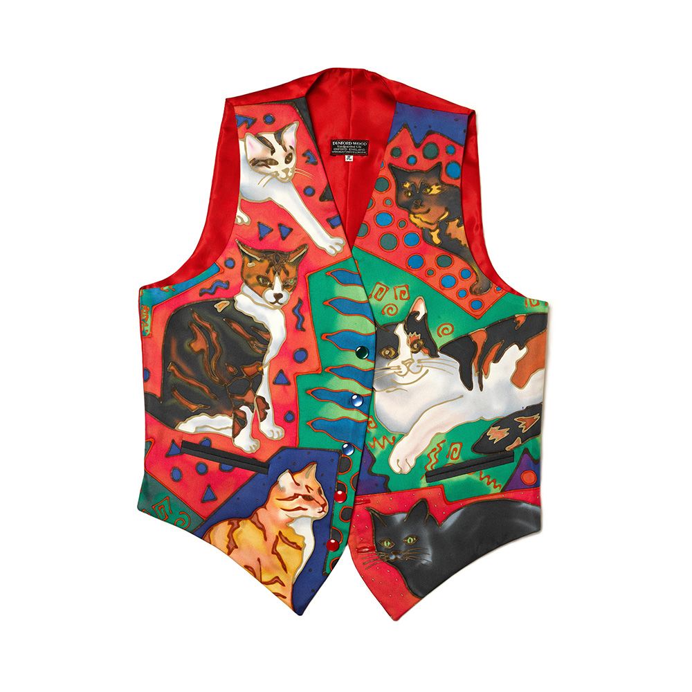 Mercury’s favourite waistcoat, which was worn in his final video 'These Are The Days Of Our Lives', 1991. It featured panels handpainted with Freddie's cats, Delilah, Goliath, Oscar, Lily, Romeo and Miko. Estimate £5,000–£7,000. – Sotheby's pic