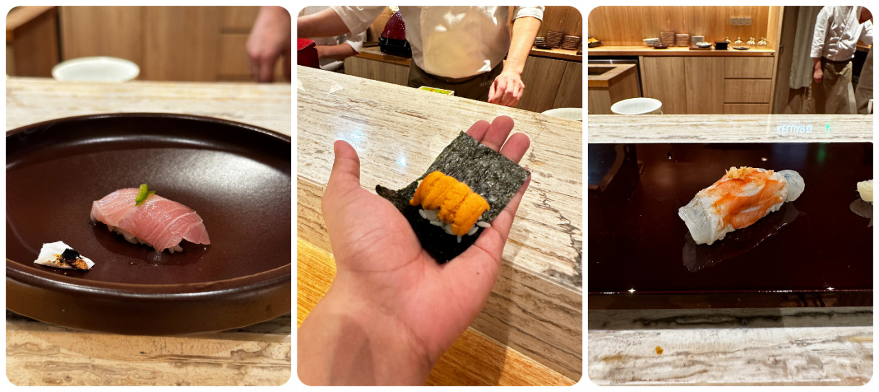 Fresh sushi three ways (from left): Tuna, uni, and prawn, each handcrafted in their own ways. – Haikal Fernandez pic