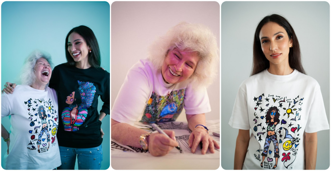 Tunku Kamariah with Deborah Henry modelling T-shirts printed with her artwork. – Pic courtesy of Tunku Kamariah