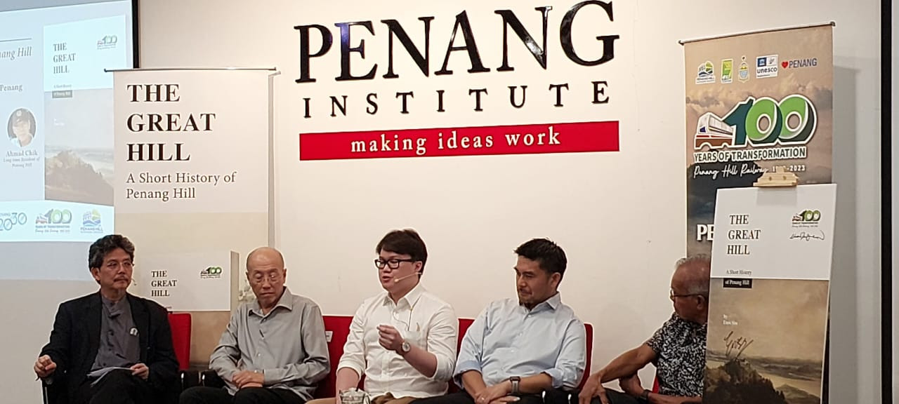 Author Enzo Sim (centre) speaking during the launch of the book ‘The Great Hill. A History of Penang’. Looking on are (from left) Penang Institute CEO Datuk Ooi Jee Beng, Cheok,  The Habibat managing director Allen Tan and activist Ahman Chik. – Facebook pic