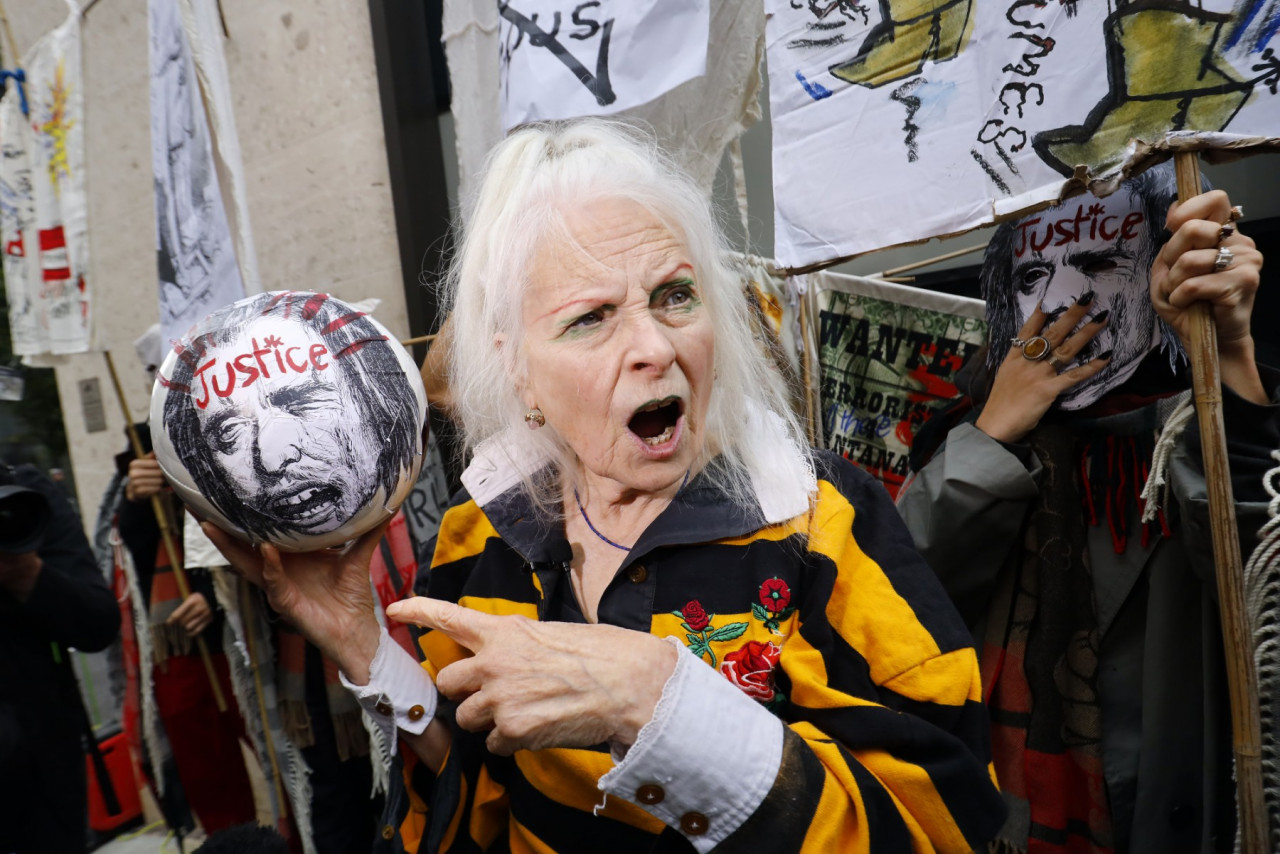 Westwood reacts outside of the Old Bailey court, in central London, in protest of the extradition trial of Wikileaks founder Julian Assange on September 7, 2020. – AFP file pic