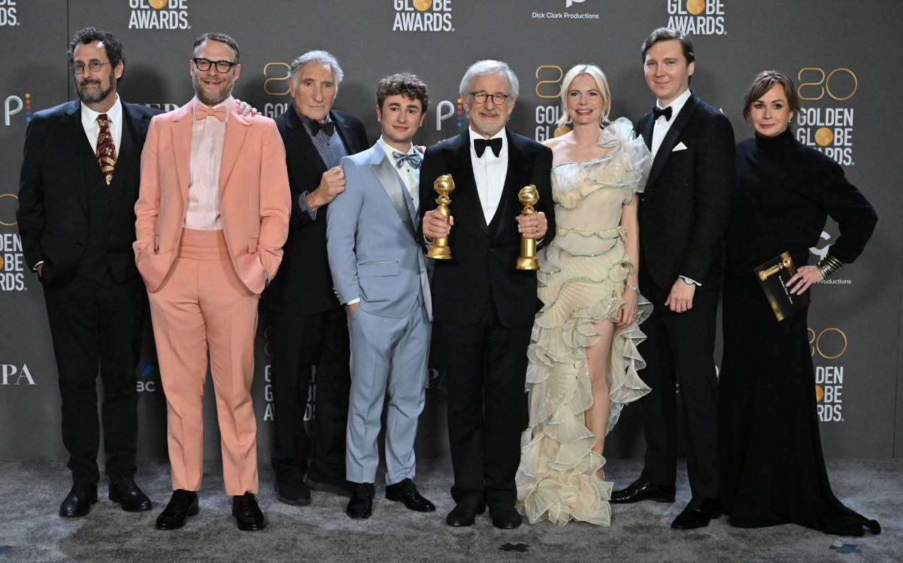 Spielberg (centre) poses with the awards alongside US author Tony Kushner (left), Canadian-US actor Seth Rogen (second from left), US actor Judd Hirsch (third from left), Canadian-US actor Gabriel LaBelle (fourth from left), US actress Michelle Williams (third from right), US actor Paul Dano (second from right) and US producer Kristie Macosko Krieger (right) in the press room during the 80th annual Golden Globe Awards at The Beverly Hilton hotel in Beverly Hills, California, on January 10, 2023. – AFP pic