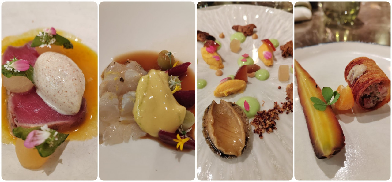 (From left) Japanese tuna, coral lobster with Madagascar vanilla, abalone with Chanterelle mushrooms, and cannelloni tartare with almond miso. – Shazmin Shamsuddin pic