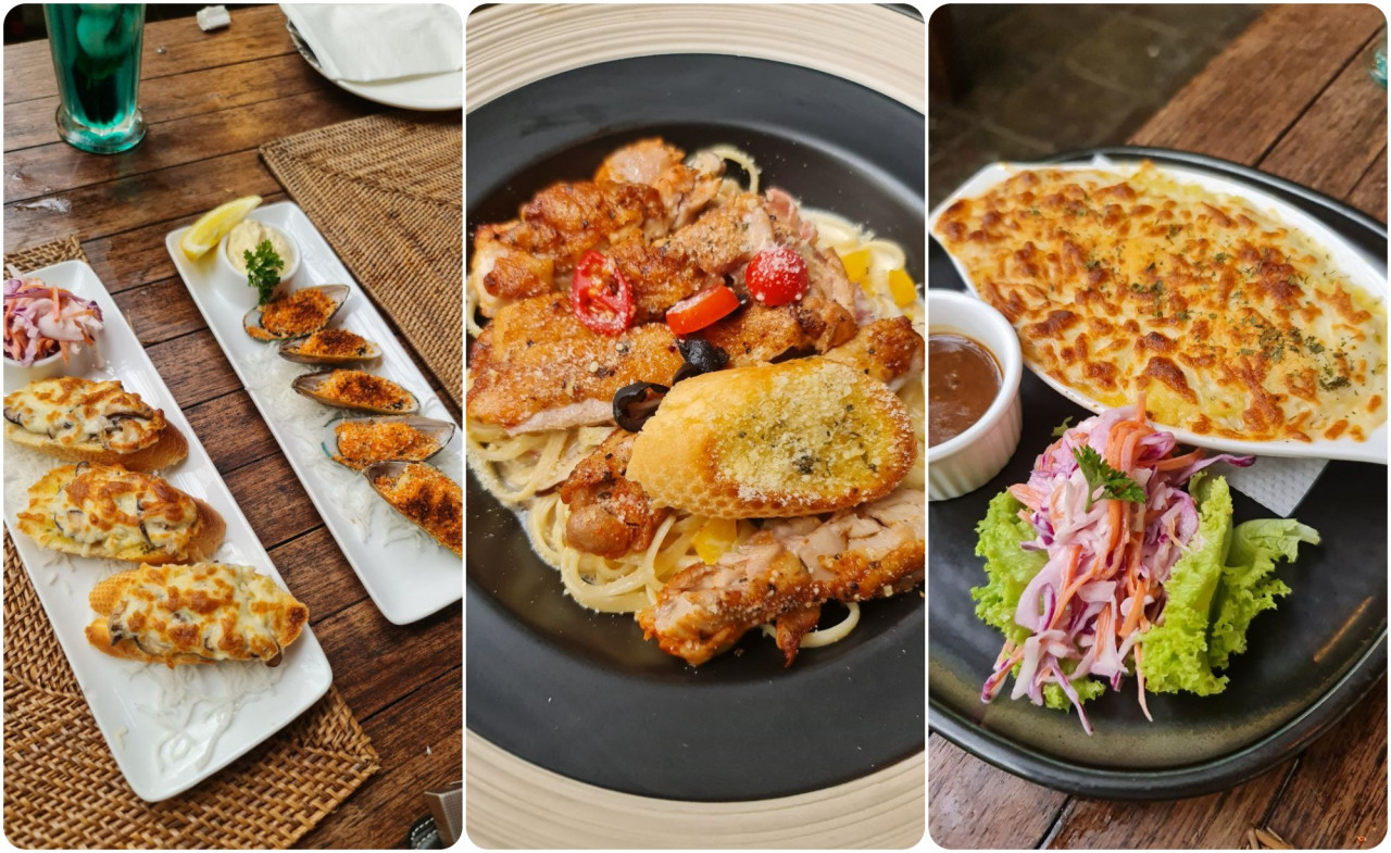 (From left) The entrees of Mushroom Bruschetta and Baked Green Mussels, mains Spaghetti with Deep Fried Chicken and Sheperd's Pie. – Zaidatul Syreen Abdul Rashid pic