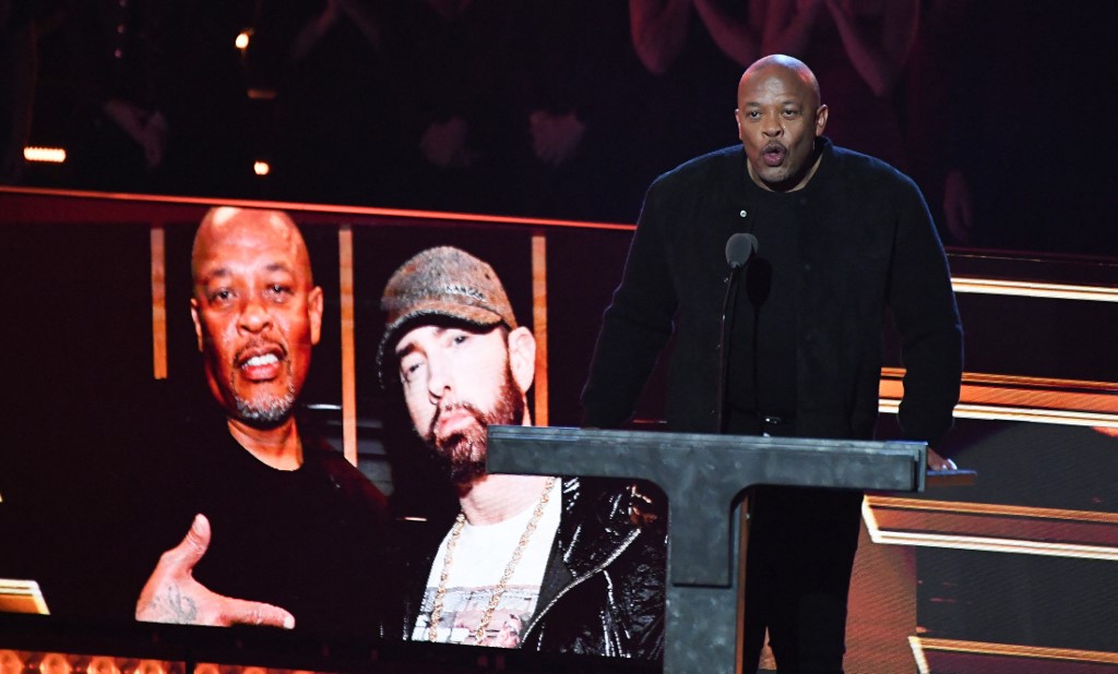 US rapper Dr Dre speaks on stage during the 37th Annual Rock and Roll Hall of Fame Induction Ceremony at the Microsoft Theatre. – AFP pic