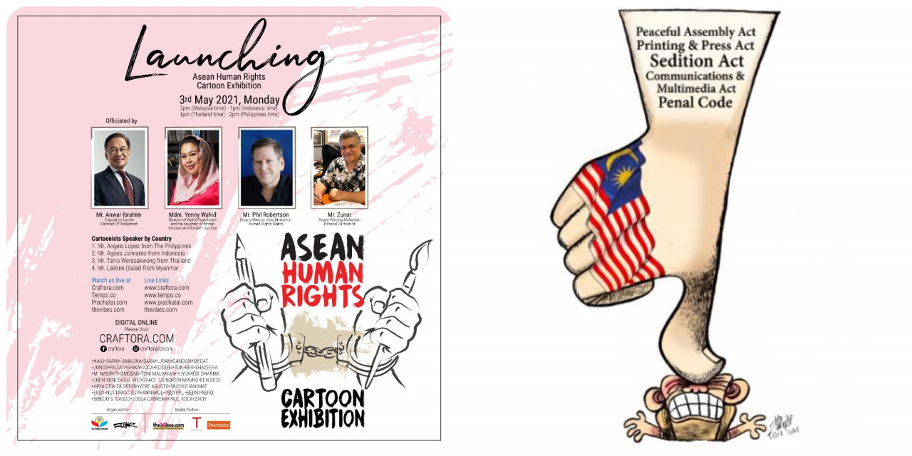 Datuk Seri Anwar Ibrahim, Yenny Wahid and Phil Robertson were among the guest speakers at the launch (left). Zunar’s cartoon done for the cover of the Human Rights Watch report as noted by Robertson. – Pic courtesy of Asean Human Rights Cartoon Exhibition and Human Rights Watch/Zunar