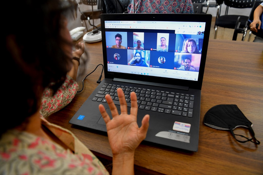 Alberto speaking to her students during an online class at Panaji in Goa on March 12. – AFP pic