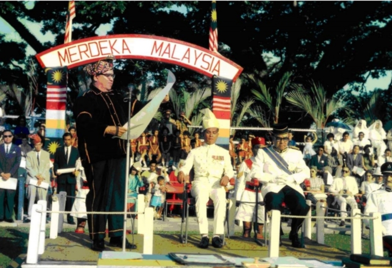Then Sabah chief minister Tun Fuad Stephens reading the proclamation of Malaysia at Padang Bandaran in Jesselton – now Kota Kinabalu – on September 16, 1963. – File pic, August 29, 2021
