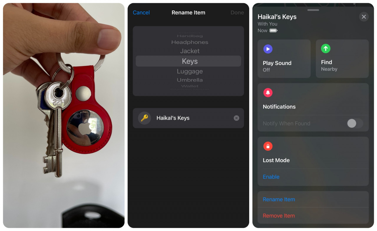 (From left) The Apple AirTag in an official Leather Key Ring; choosing the name for the AirTag; and the control panel with the options for the AirTag. – Haikal Fernandez pic