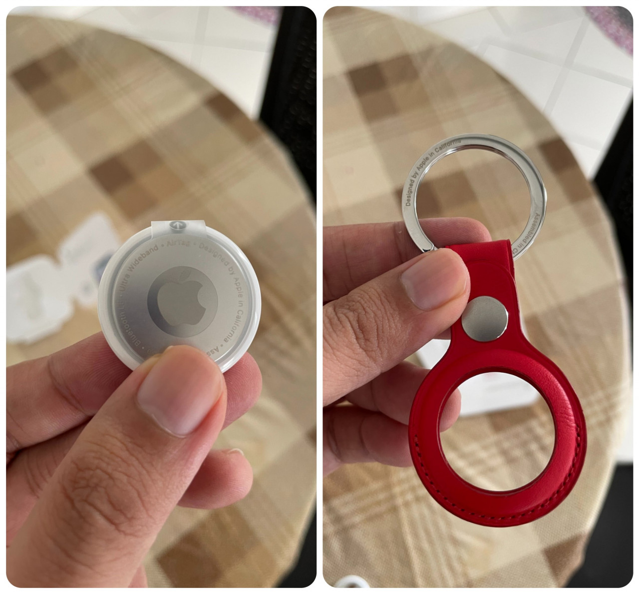 A naked AirTag is a very small, simple-looking device (left); an official red leather key ring from Apple. – Haikal Fernandez pic