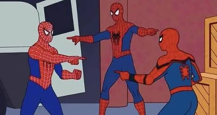 The classic Spider-Man pointing meme. - Twitter pic