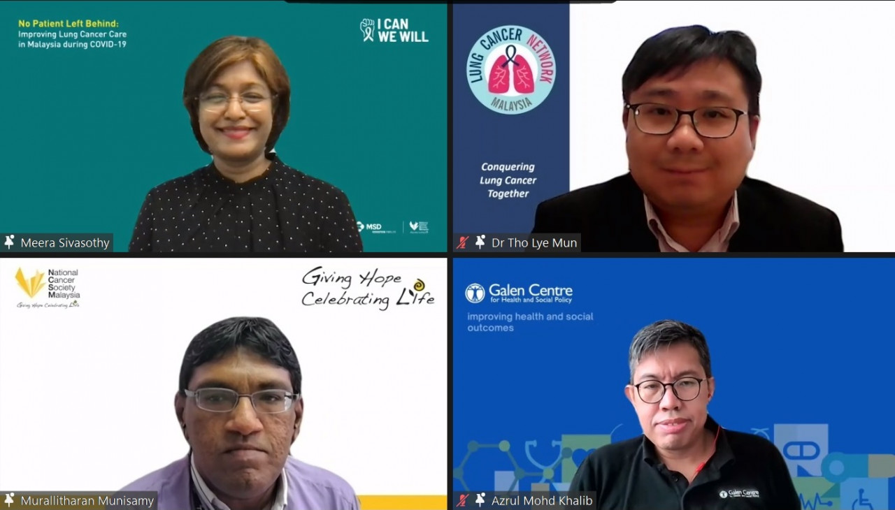 The National Cancer Society Malaysia forum panellists (clockwise from left) Meera Sivasothy, Dr Tho Lye Mun, Azrul Mohd Khalib and Dr Murallitharan Munisamy. – Screen grab,