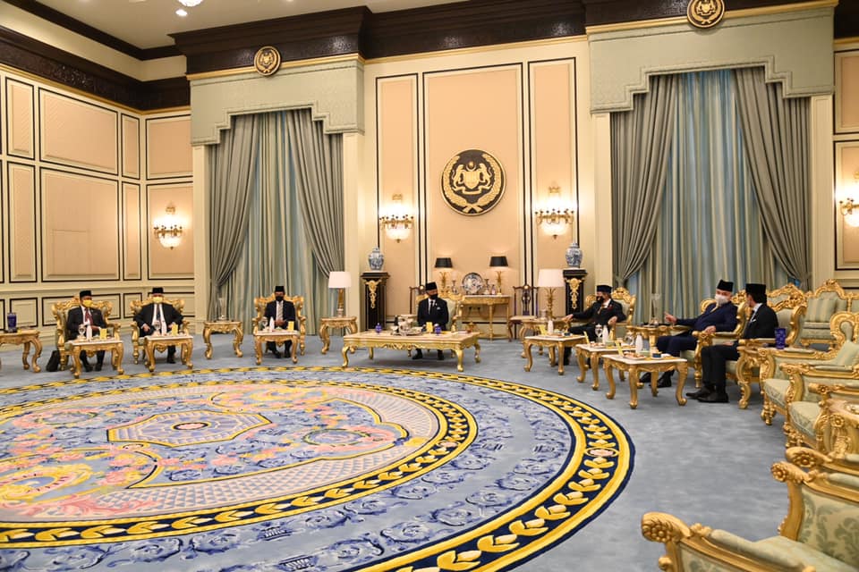 Yang di-Pertuan Agong Al-Sultan Abdullah Ri’ayatuddin Al-Mustafa Billah Shah and the Malay rulers during their meeting today. – Istana Negara pic, August 20, 2021