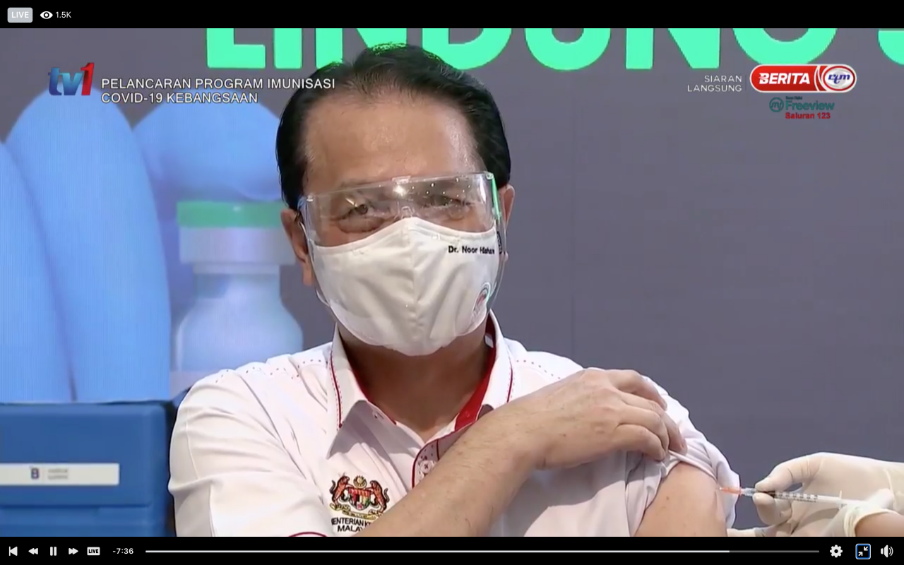 Health Director-General Tan Sri Dr Noor Hisham Abdullah being administered the coronavirus vaccine. – Screen grab, February 24, 2021