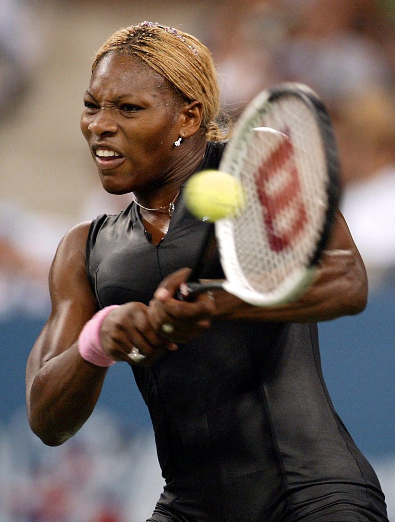 Serena Williams returns a backhand to Corina Morariu during first round action at the US Open Tennis tournament August 26, 2002 at Flushing Meadows, NY. Williams won 6-3, 6-3. – AFP pic