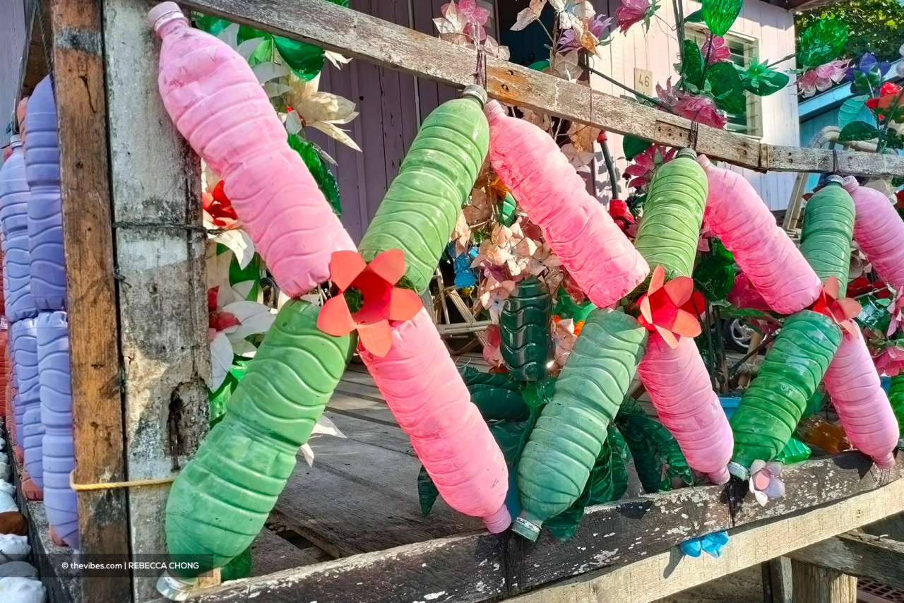 Villagers of Kg Pulau Libaran get creative with plastic bottles that they had used and those collected from the beach. – The Vibes pic