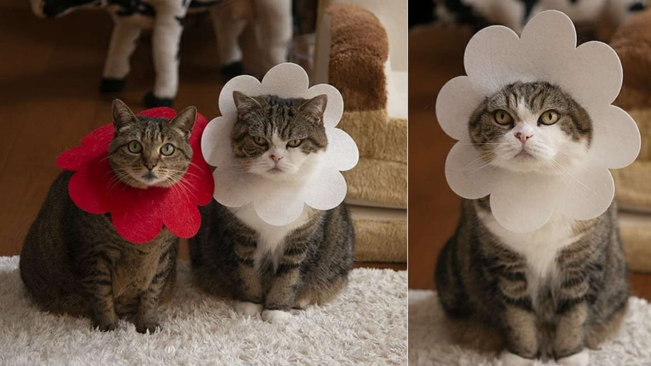 Maru wearing the white flower collar and Hana (in red). – Instagram/@maruhanamogu pic