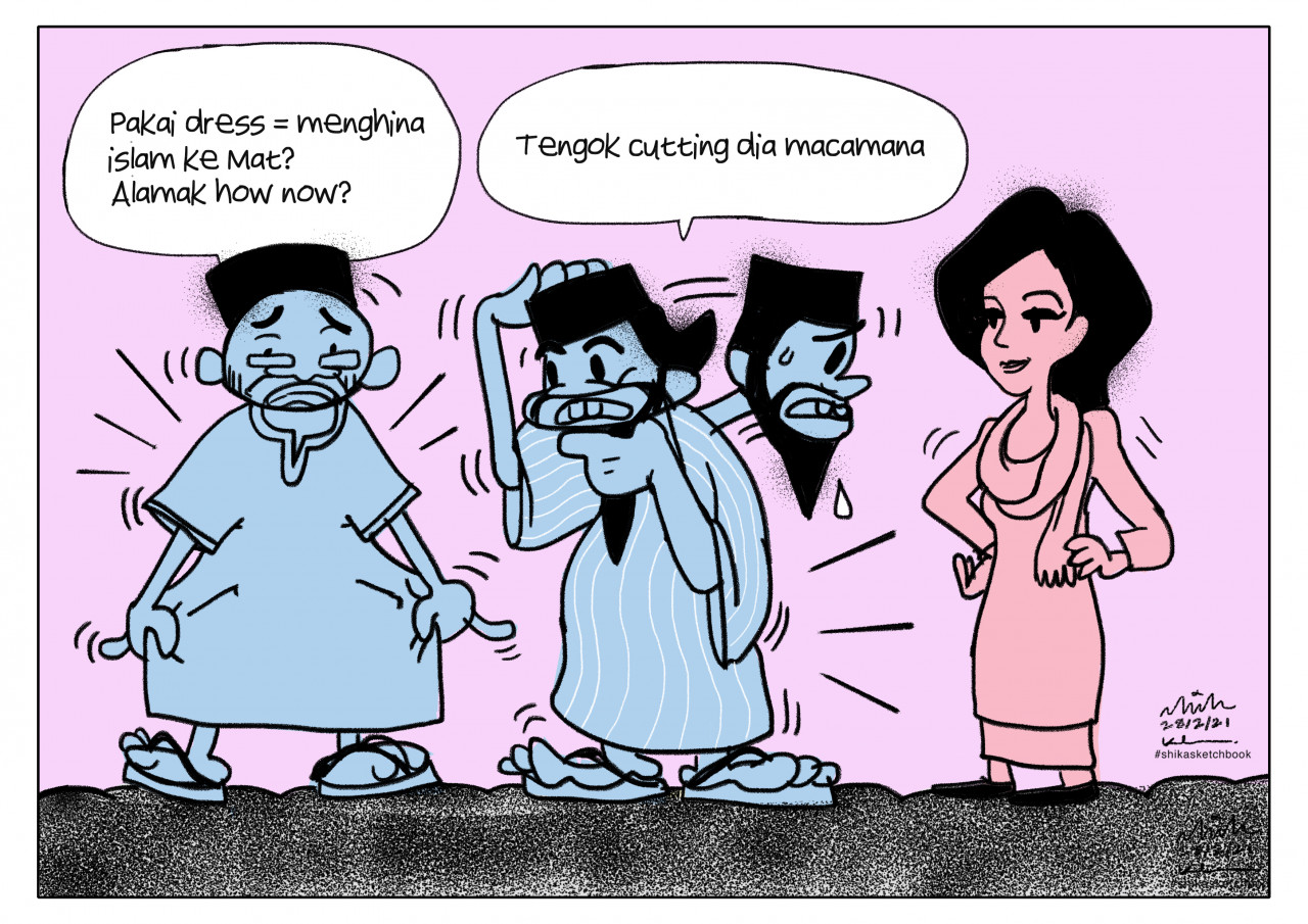 ‘Alimzalim’ by trans-artist Shika Corona (Malaysia). According to the artwork description, anti-cross dressing laws in Malaysia, in both shariah and civil (Act 547 Penal Code), have been used by religious officers to arrest Transwomen in Malaysia since the 80s. - Human Rights In Asean: The Cartoonists Perspective pic