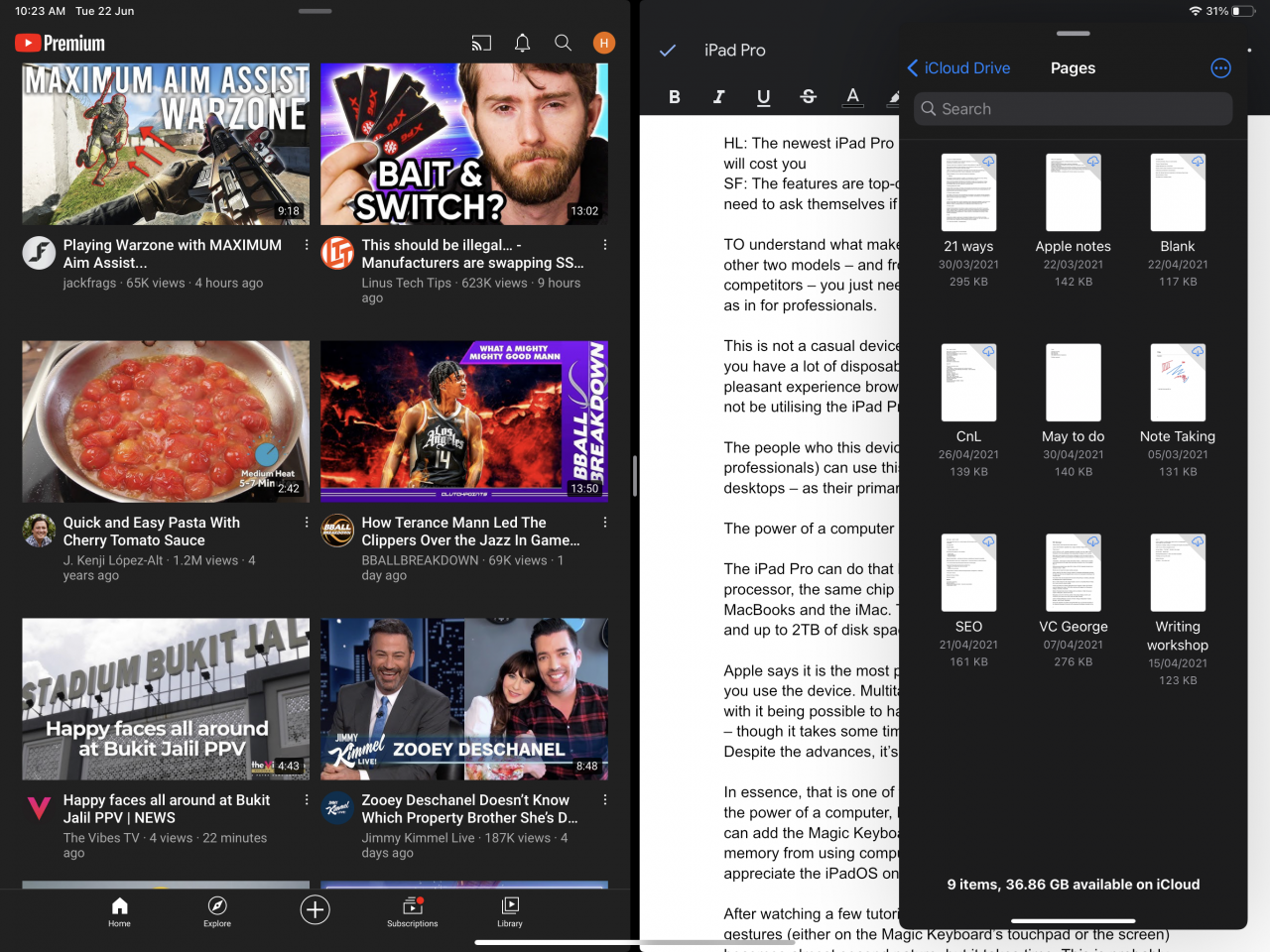 Multitasking on the iPad Pro in action. Two apps are in the background in split-screen, while a third smaller window - that can be slid left or right - is on the right. – Pic by Haikal Fernandez