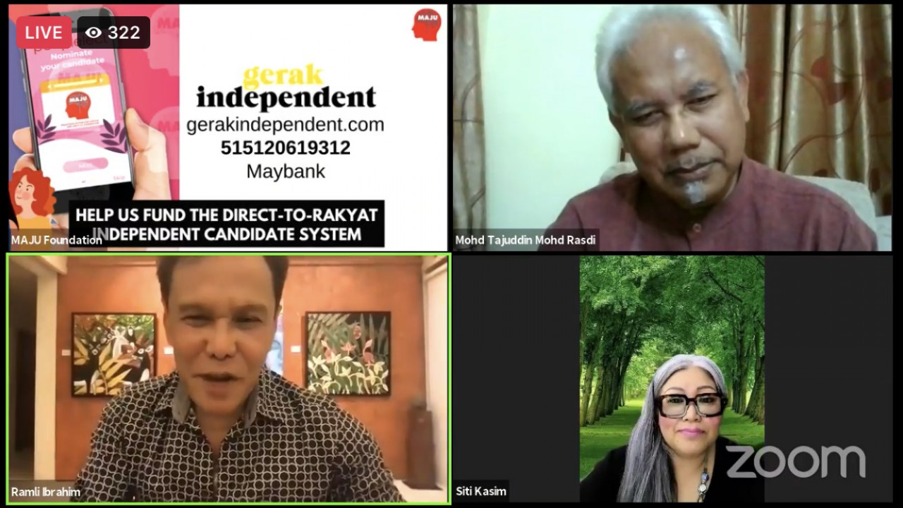 Last night's webinar saw the attendance of Datuk Ramli Ibrahim (bottom L), Professor Mohd Tajuddin Rasdi (top R) and Siti Kasim (bottom R). – Facebook/Maju Malaysia pic