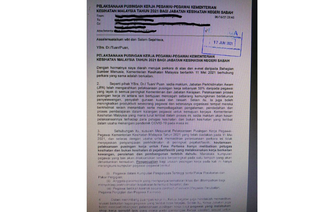 A circular from the Sabah Health Department on work rotation for health officers to prevent corruption and power abuse. – File pic, June 30, 2021