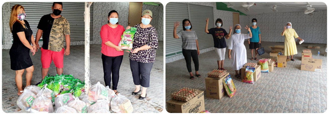 (L) One group of volunteers ready to roll out to serve the pandemic-hit people of Permyjaya. (R) Another group, including two sisters are part of Fr Sylvesterding's distribution members. - Pics courtesy of Fr Sylvesterding
