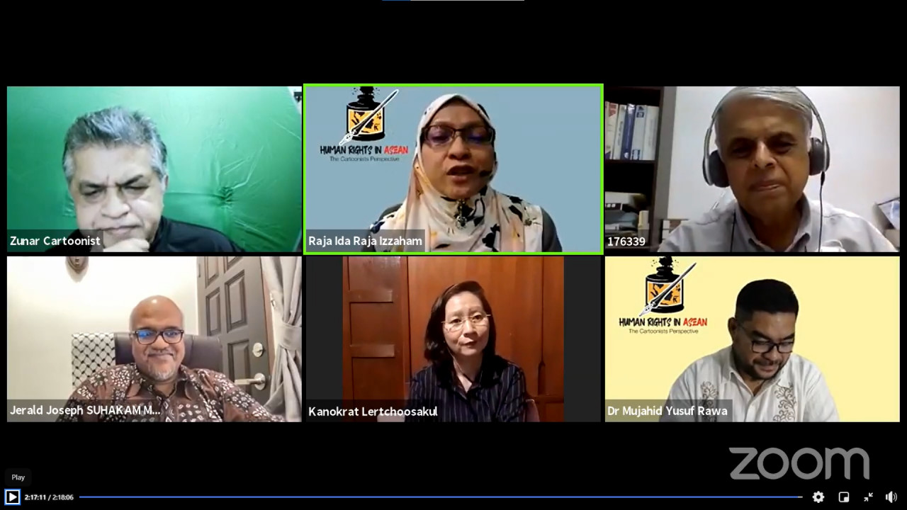 The two-hour online session touched on human rights topics ranging from how it transcends borders, challenges to uphold it and how it is viewed from an Islamic perspective. – Human Rights In Asean: The Cartoonists Perspective pic