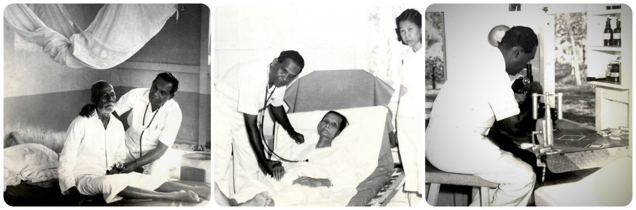 (From left) Joe Sr attending to a blind elderly patient at the Gomali Estate Group Hospital where he served as senior hospital assistant-in-charge. Checking the pulse of an elderly women in the hospital’s female ward. Joe Sr peeks into a microscope to check a specimen. Estate hospitals owned by British companies were very well equipped in the 50s and 60s. – Pic courtesy of Masilamany family album