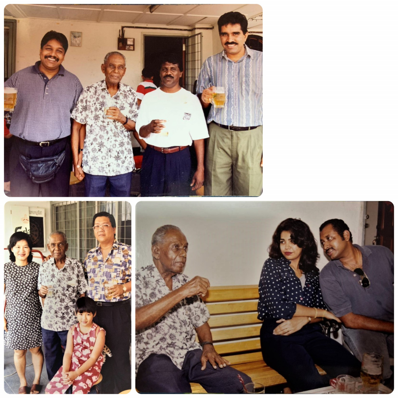 (Clockwise from top) Joe Sr in party mood with a group of visitors at home; Joe Sr regaling with stories of his escapade as Death Railway survivor in Kanchanaburi during World War II; Joe Sr with visitors. He loves the company of people and welcomes them whole-heartedly. – Pix courtesy of Masilamany family album