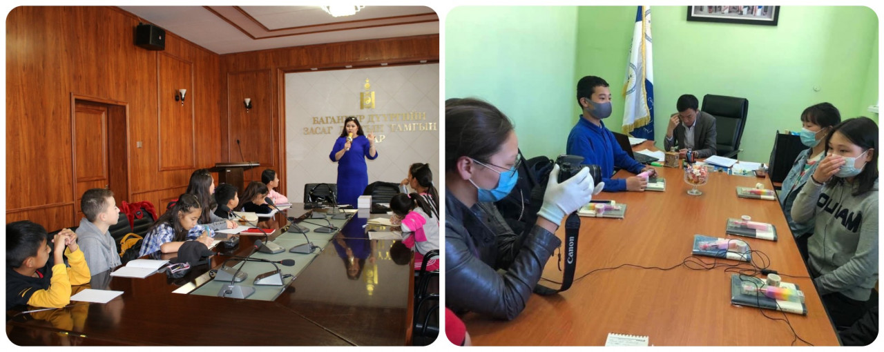 (L) Capacity building training from a professional broadcasting instructor. (R) The club members taking an interview from the director of the Family, Child and Youth Development Agency. — Pic courtesy of the Mongolian Children's Journalist Club