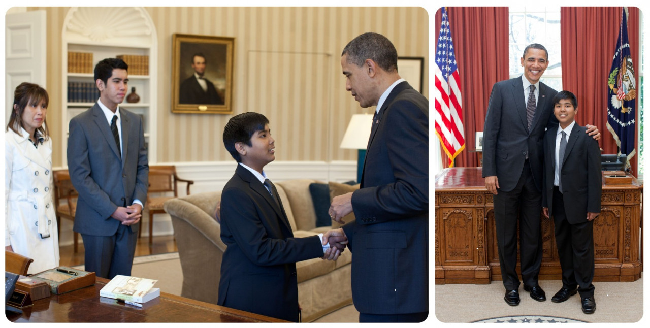 (Left pic) In 2011, Keanne, who was diagnosed with leukaemia, had a once-in-a-lifetime opportunity of meeting President Obama through Make-A-Wish, which inspired him to establish Oura. Seen here is he and his family in the Oval Office, Washington DC. (Right pic) Keane with the 44th president of the United States, Barack Obama, when he was a young teen. – Pic courtesy of Oura