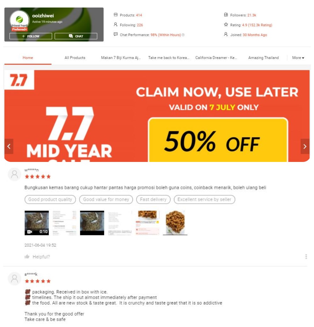 Ooi Zhi Wei's store has received positive notices and repeat business from his loyal customers. – Pic courtesy of Shopee