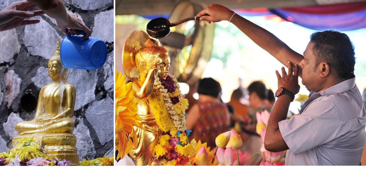 Devotees performing the 'Bathing The Buddha' ceremony, a symbol of blessing at a Buddhist temple in Kuala Lumpur on Wesak Day. Photos were taken in May 2009 (left) and May 2016 (right). – AFP and Facebook/Unit Fotografi, Jabatan Penerangan Malaysia pix