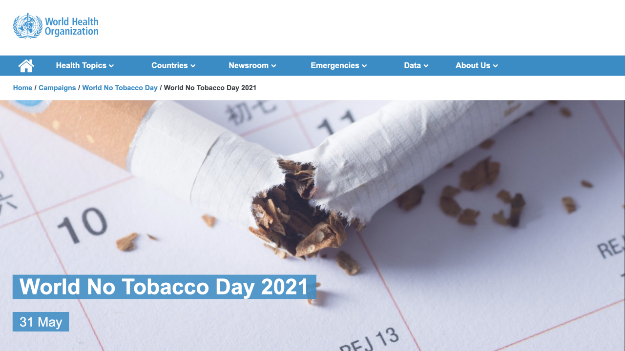 A screen grab of the World Health Organization website today in conjunction with World No Tobacco Day. – WHO pic