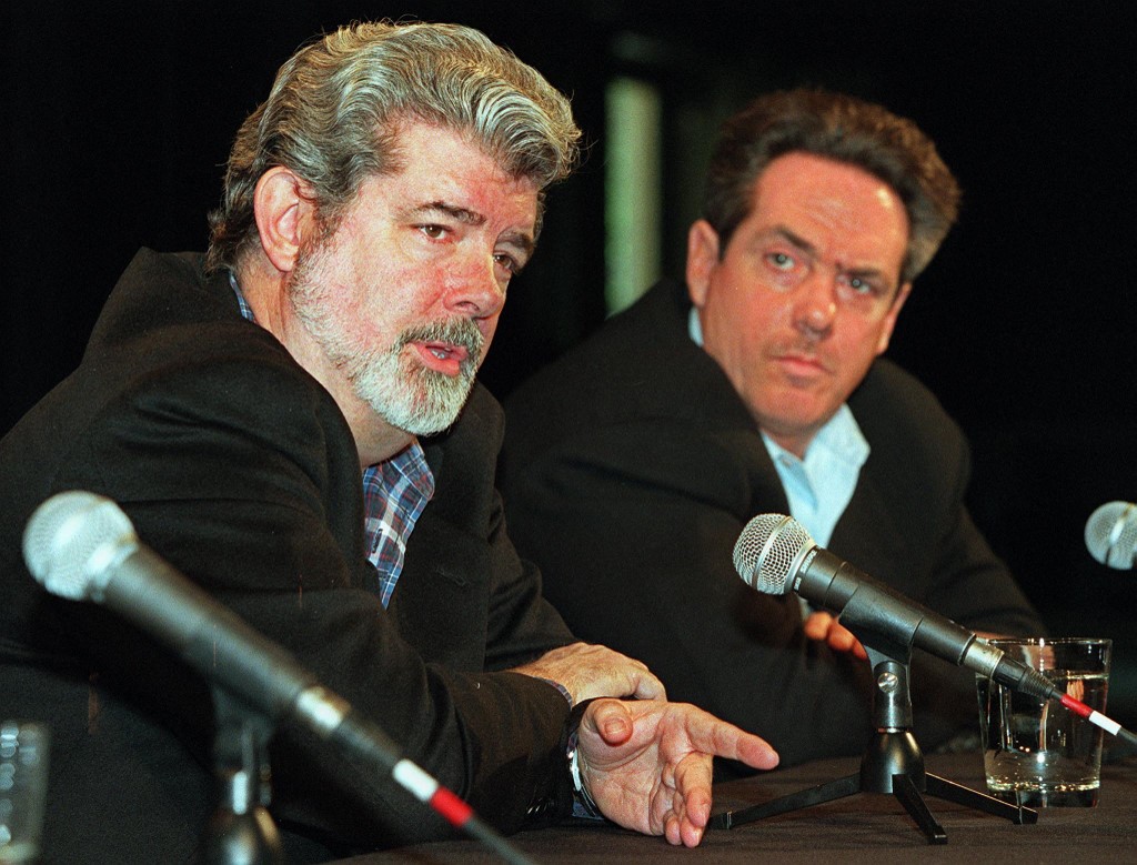 George Lucas (left) announcing the production of the 'Star Wars' prequels in November 1998 as 'Star Wars' producer Rick McCallum looks on. – AFP pic