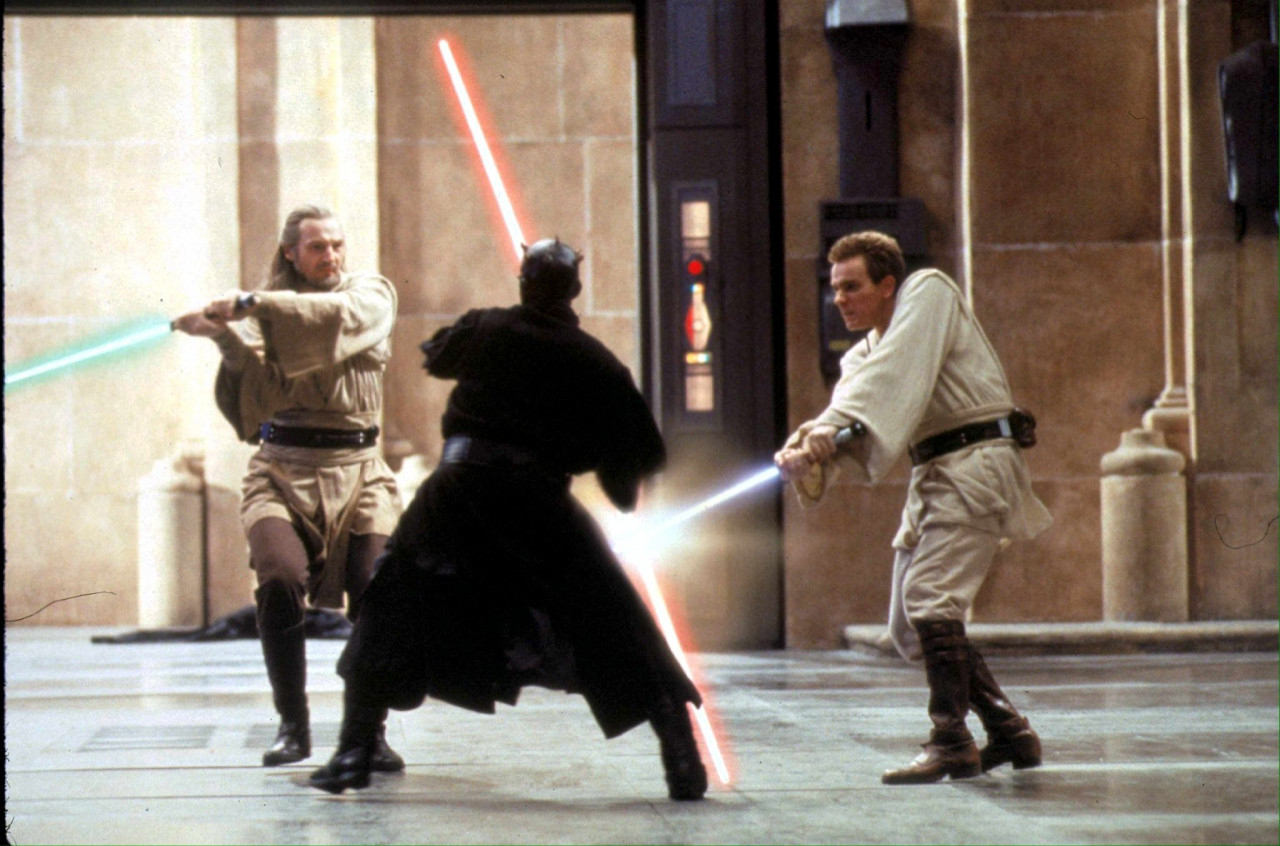The climactic lightsaber fight between Darth Maul and Qui-Gon Jinn and Obi-Wan Kenobi in the 'The Phantom Menace', with John Williams’ 'Duel of the Fates' playing is one of the series’ high points. – EPA pic