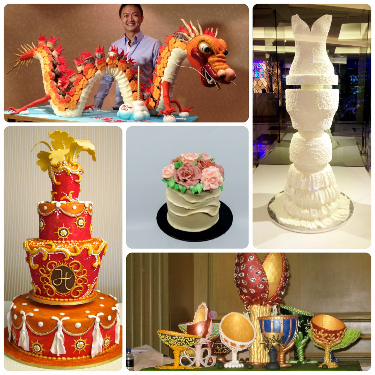 (Clockwise from left) A Dragon made with 82 cupcakes to mark an 82nd birthday; a wedding dress inspired cake for the cafe window display; Faberge eggs made of sugar to encase treats gifted to a royal household for Hari Raya; a baroque inspired cake, and the 4-inch cake. – Pix courtesy of Allan Yap