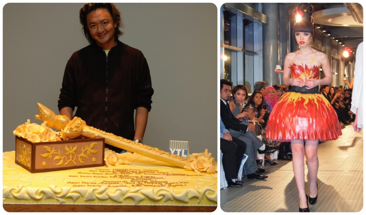 Keris Terengganu and a gift box made for the Agong’s inauguration (left) and the Sugar Dress made using 30kg of fondant and 150 Swarovski crystal beads. – Pix courtesy of Allan Yap