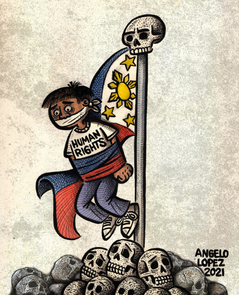This cartoon submitted by Filipino cartoonist Angelo Lopez highlights how human rights activists in his home country have been the target of president Duterte’s government. – Pic courtesy of Asean Human Rights Cartoon Exhibition 