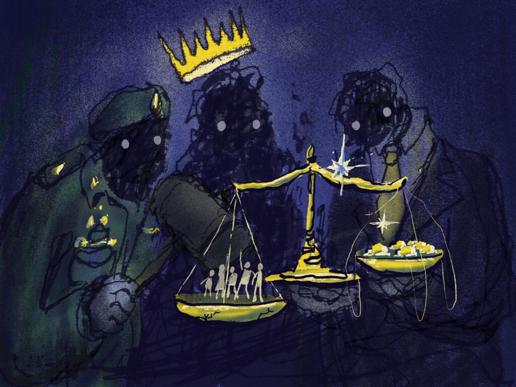 ‘Justice’ by Wawawawin highlights the forces that heavily dictates the nation’s order. – Pic courtesy of Asean Human Rights Cartoon Exhibition 