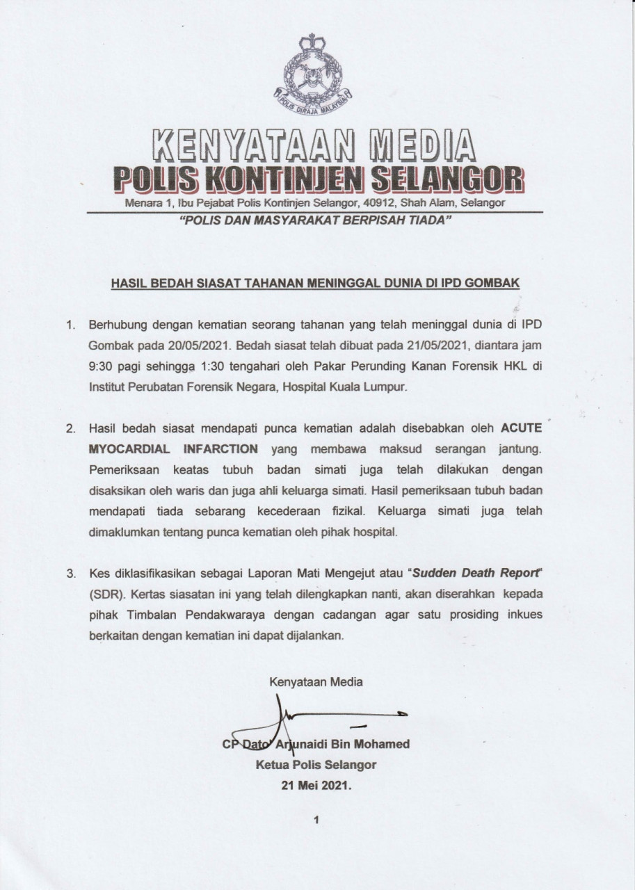 A statement by the Selangor police chief on S. Sivabalan’s death in custody yesterday afternoon. – Polis Selangor Facebook pic, May 21, 2021