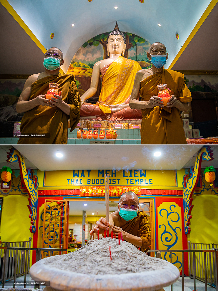 Buddhist monks Master Apol, 56, together with Master Photanpoh, 78 (above). Monk Master Apol lighting up joss sticks. – SAIRIEN NAFIS/The Vibes pic