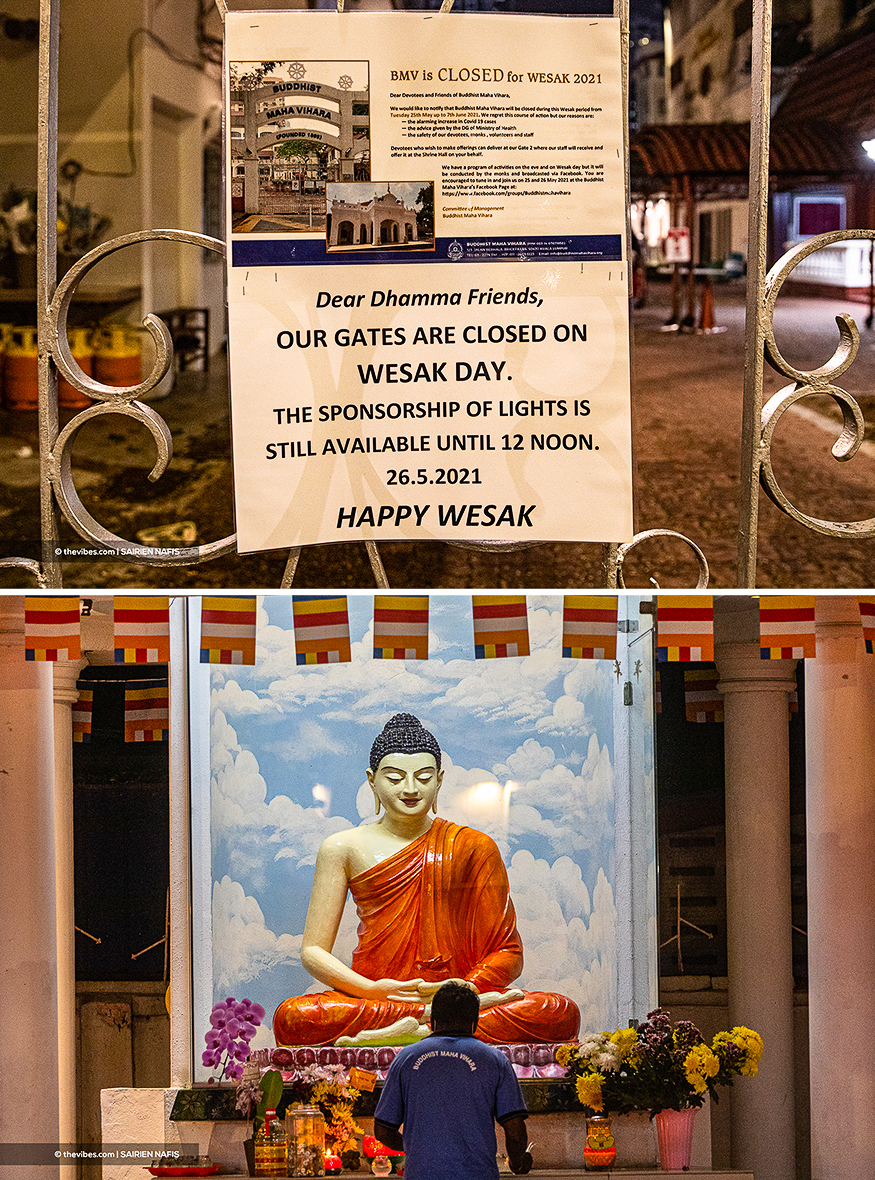Signage posted on the gates of the 125-year-old Sri Lankan Buddhist Maha Vihara temple in Brickfields yesterday (above). A Buddhist Maha Vihara worker seen preparing the altar. – SAIRIEN NAFIS/The Vibes pic