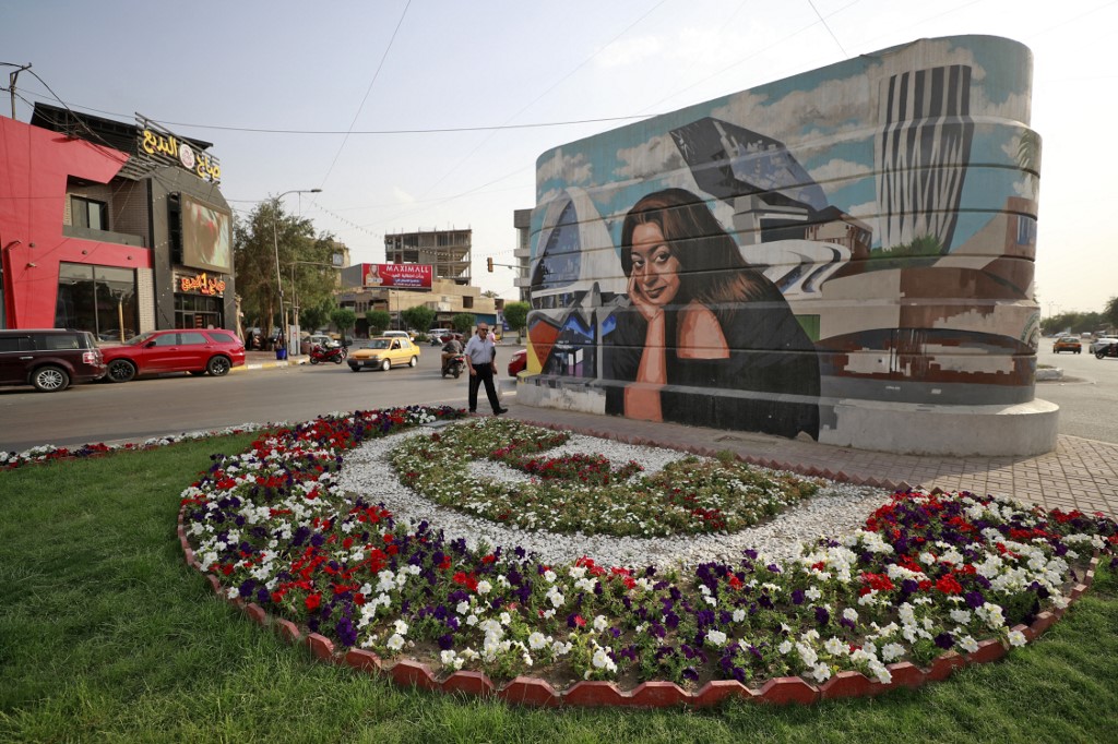 A picture shows a mural of Iraqi architect Zaha Hadid, drawn by Iraqi painter Wijdan al-Majed, on a concrete structure in the capital Baghdad on April 26. – AFP pic