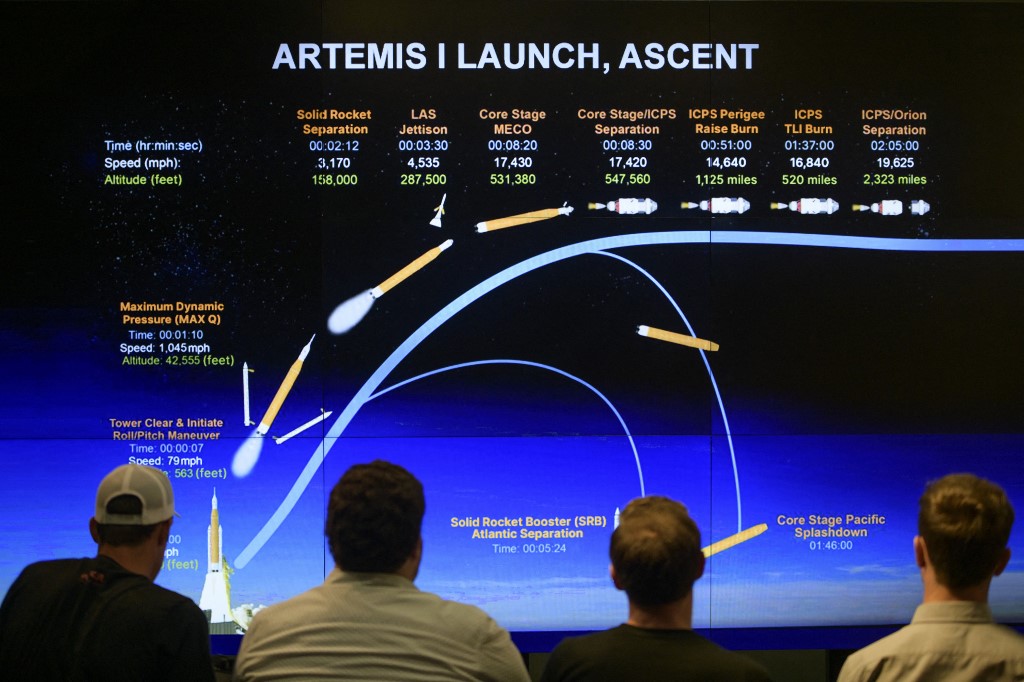 People look at a slide depicting the Artemis I launch and ascent at the Johnson Space center in Houston, Texas, on August 5. – AFP pic